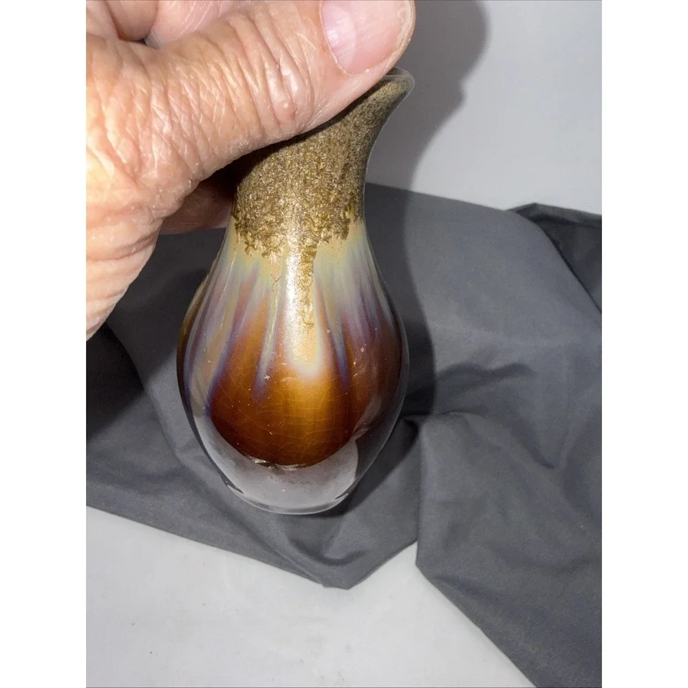 Vintage Studio Pottery Running Amber Brown Glazed Pottery Vase 5